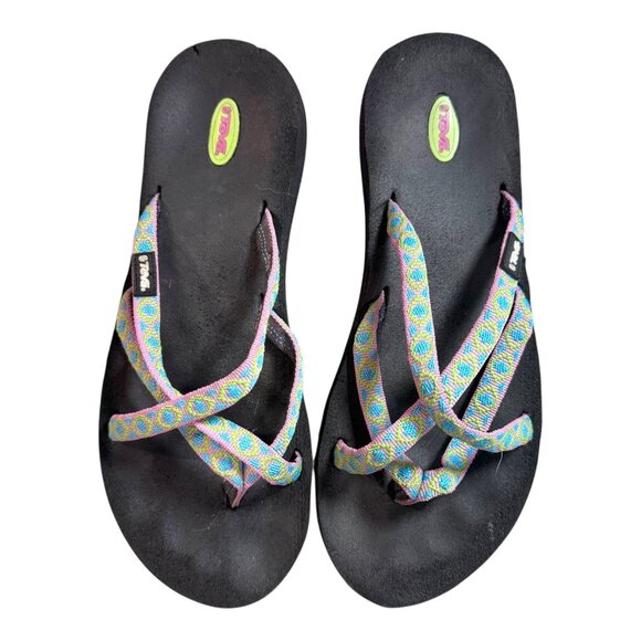 Teva Womens Multicolor Strappy Flip Flop Sandals Size 8 Olawahu Pink Green Blue - Picture 2 of 9